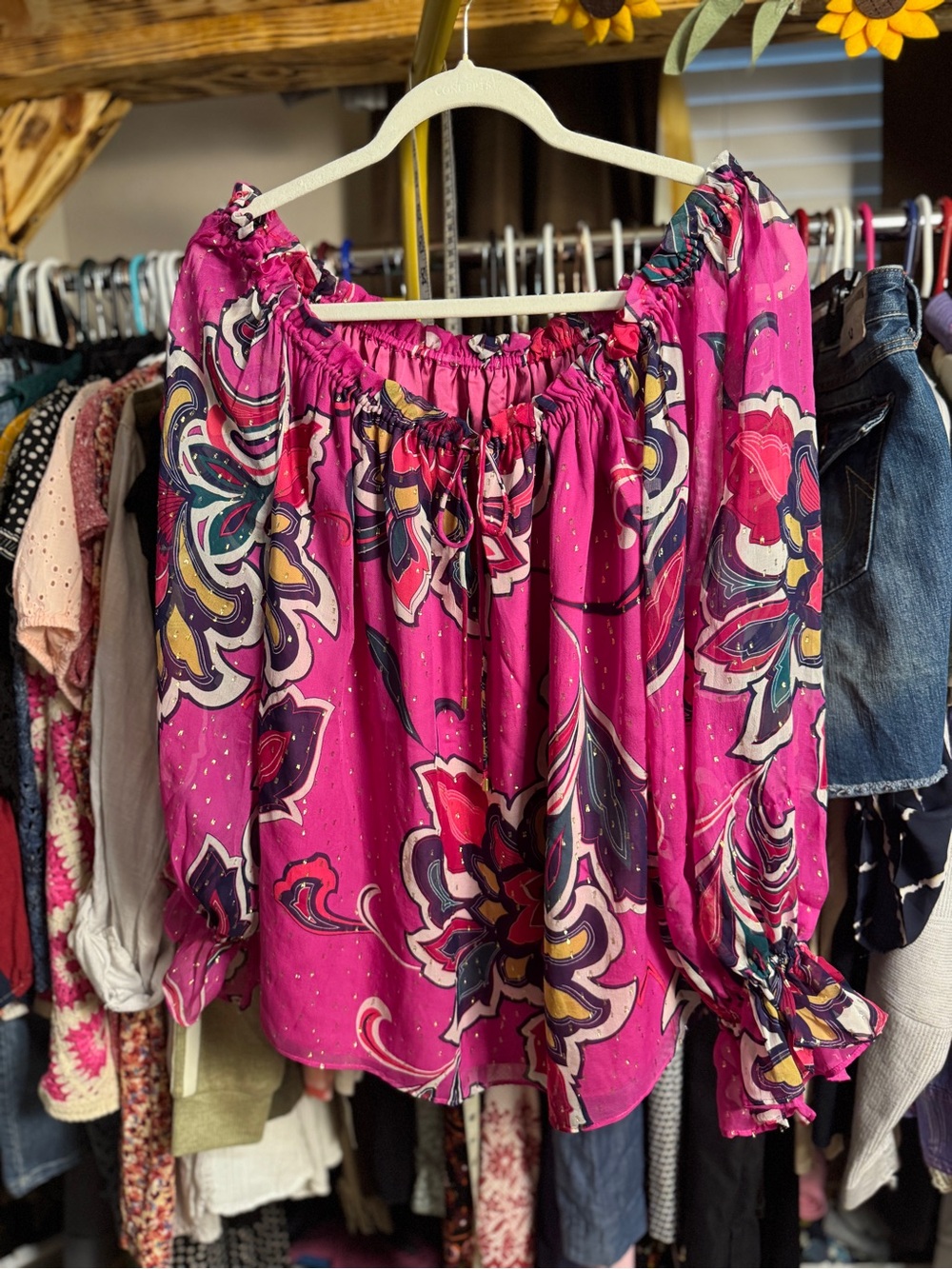 Trina Turk Fuchsia Pink Floral Off-Shoulder Peasant Top
